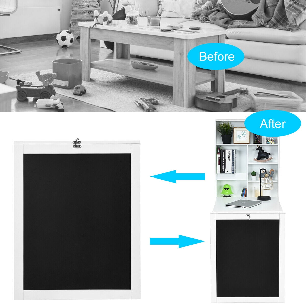 Gymax White Wall Mounted Table Fold Out Convertible Desk with A Blackboard/Chalkboard