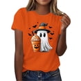 thumbnail image 3 of Women's Halloween Graphic Tees Funny Ghost Witch Hat T-Shirts Short Sleeve Crewneck Pumpkin Coffee Print Fall Casual Holiday Party Tops Cute Novelty Shirts, 3 of 6