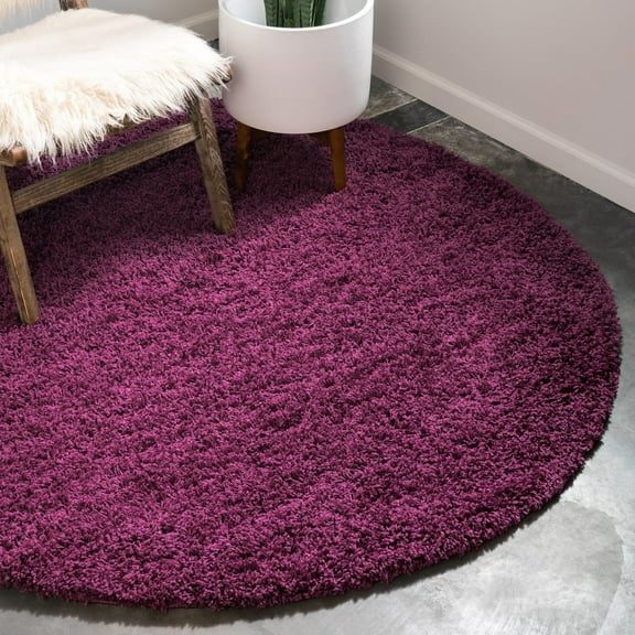 Unique Loom Solid Shag Collection Area Rug (4' 1" Round Eggplant Purple)