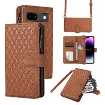 Dteck for Google Pixel 7A Case, iPhone XR Wallet Case with 9 Card Slots, PU Leather Magnetic Flip Zipper Purse Wristlet Strap Crossbody Lanyard Kickstand Phone Case 6.1 Inch,Brown