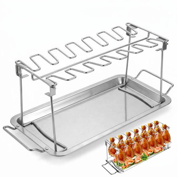 Stainless Steel Cooking Roasting Rack with Drip Pan - 14-Slot Holder for Chicken Legs & Wings, for Smoker, Grill, Oven & BBQ