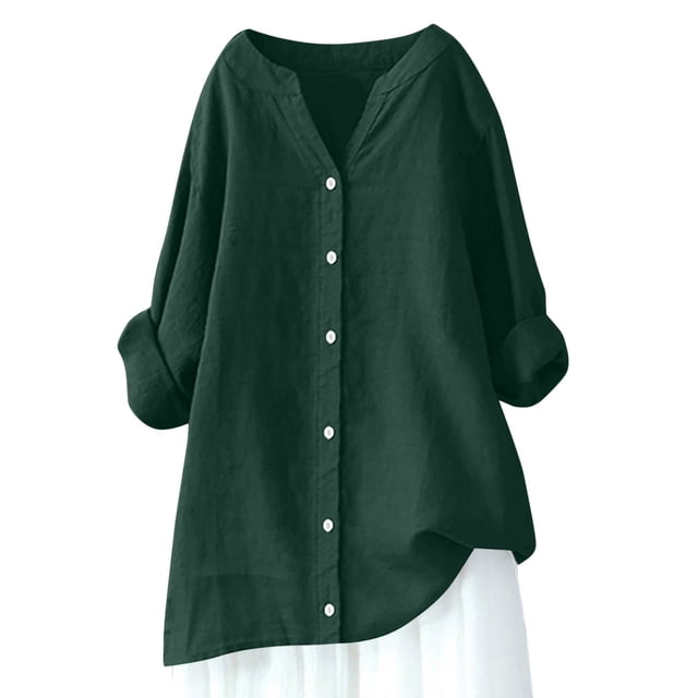 Blusa holgada con botones para mujer: camisa de manga larga y color liso, top informal con cuello en V para el trabajo o el fin de semana, tallas S-5XL.