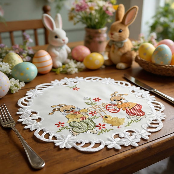 Easter Round Embroidered Placemat, Bunny & Floral Spring Table Decor, Farmhouse Style Table Mat for Holiday Kitchen