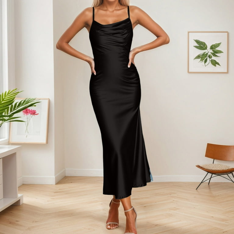 Jggspwm Satin Spaghetti Strap Cowl Neck Backless Midi Dresses for Women Elegant Tie Low Back Ruched Cocktail Dress Black S