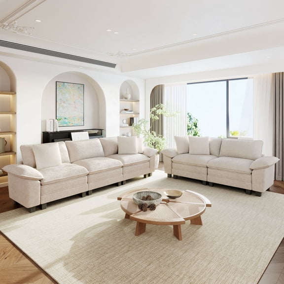 Sophia&William Sectional Sofa Sets, Oversized Cloud Couch Set 5-Seat Chenille Modular Sectional Sofa with 5 Pilliows & Deep Seat, White