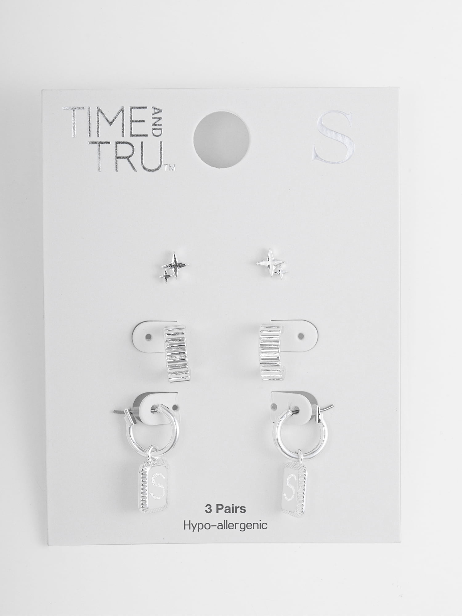 Time and Tru Women's Silvertone Multi Earring Set, 3 Pairs, Initial S