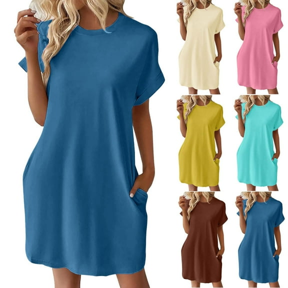 Aboser Womens Summer Dresses 2026 Short Sleeve Mini Dress Casual Crew Neck T-Shirt Dresses Loose Fits Plain Dress Teen Girls Comfy Soft Tshirt Dresses with Pockets