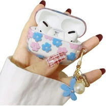 for AirPods Pro 1st Gen Case with Keychain,Cute Clear Blue Pink Flower Floral Protective Earphone Cover Case,Soft Transparent TPU for AirPods Pro Case Women Girl