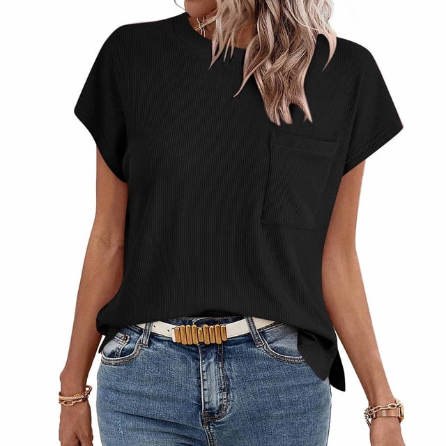 Timegard Hauts pour Femmes Col Rond Manches Courtes Côtelées Été Décontracté Ample Chemises Haut avec Poches T-Shirt Basique