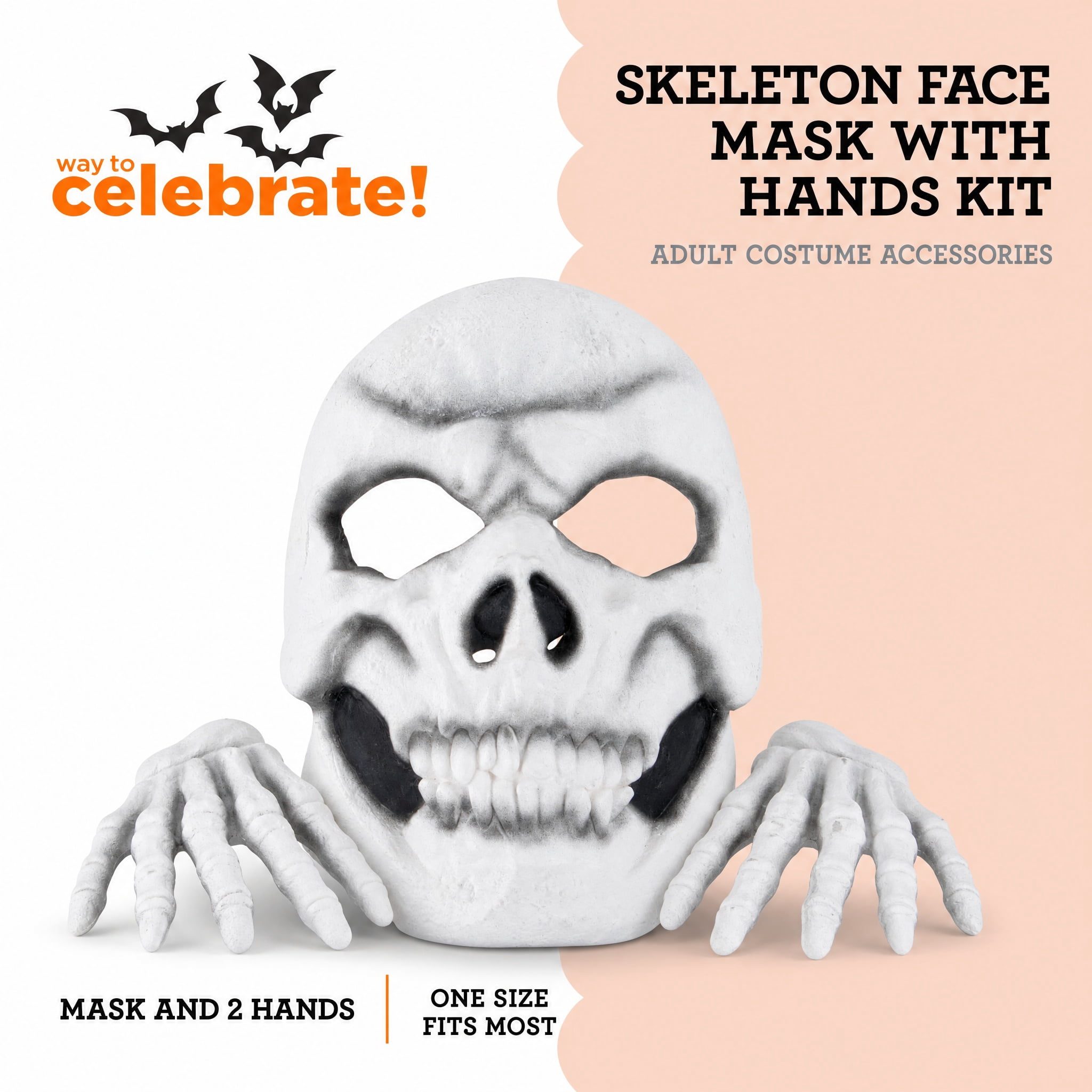 Skeleton Face Mask with Hands Costume Accessory Kit for Adults, White and Black, Halloween by Way To Celebrate