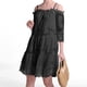 thumbnail image 3 of Vestido largo de encaje con hombros descubiertos para mujer: falda escalonada, mangas con volantes, elegante para bodas y fiestas, 3 of 8