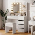 thumbnail image 1 of Tocador con espejo, tocador de maquillaje con luz LED para dormitorio, muebles de maquillaje blancos, escritorio con taburete y 4 cajones y estantes abiertos, 1 of 2