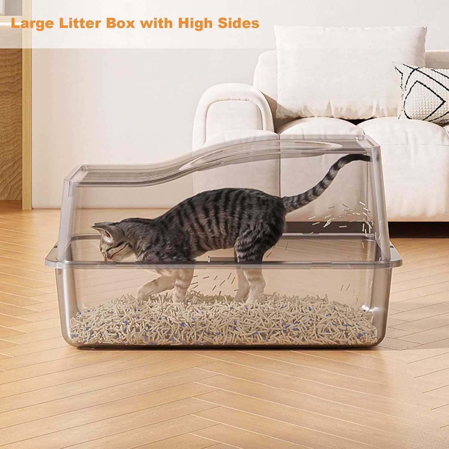 Rugerasy Stainless Steel Litter Box with Lid,Extra Large High Sided Cat Litter Trays,Enclosed Litter Box with Cat Litter Mat and Scoop,Easy Clean Detachable,White Basin 15 high