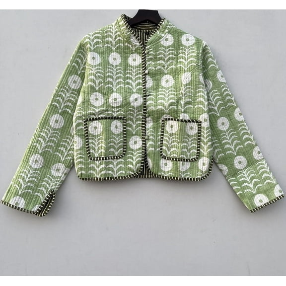 Handmade Floral Block Printed Jacket Cotton Quilted Reversible Collared Bomber Upperwear for Women's