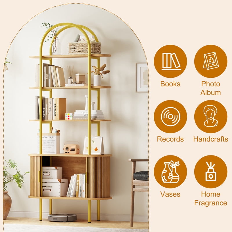 71" Tall Fluted Arched Bookshelf with Sliding Doors, Mid Century Modern Metal Curved Bookshelf Cabinet with Storage and Adjustable Footpad, 4-Tier Open Display Storage Shelf for Home, Living Room
