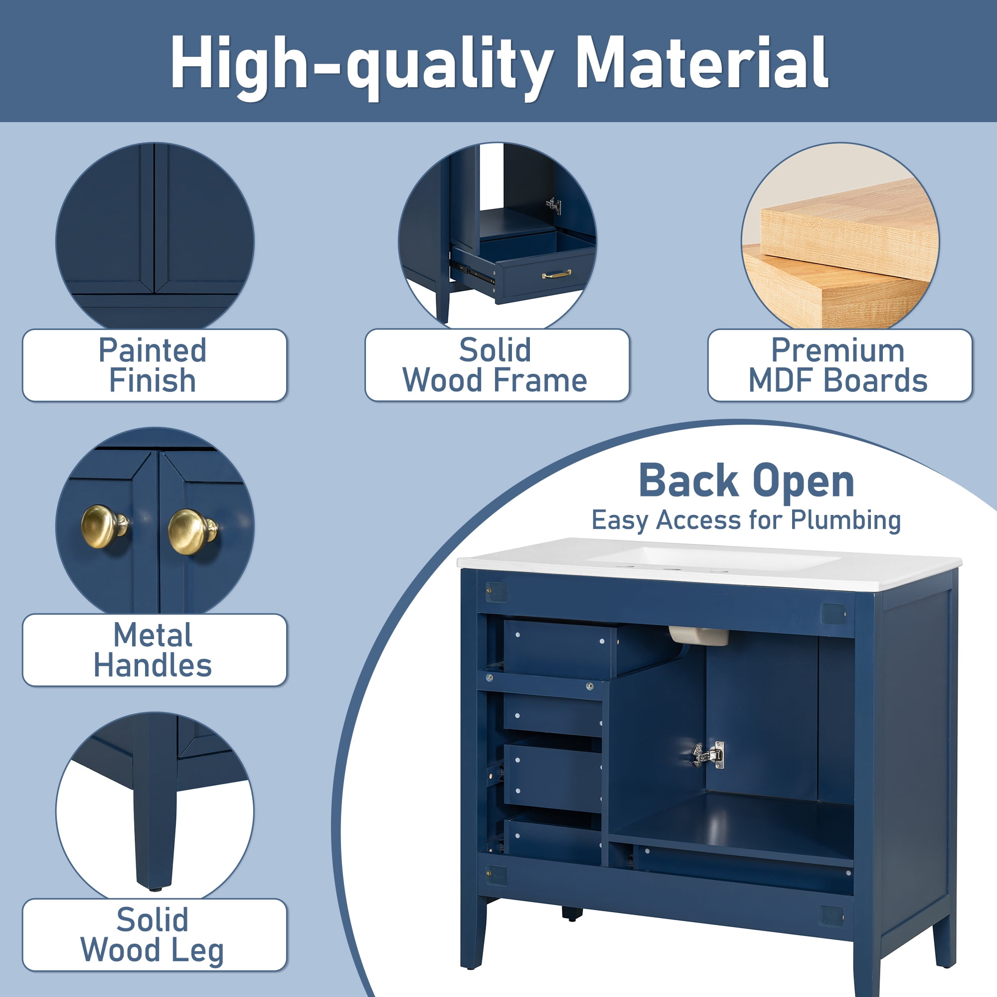 Euroco 36" Freestanding Bathroom Vanity with Ceramic Sink, Pine Wood Frame, Multi-Tier Storage & Soft-Close Drawers – Modern Cabinet with Open Back for Easy Plumbing (Faucet Not Included)