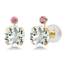 Gem Stone King 1.68 Ct Round Green Prasiolite Pink Lab Grown Diamond 14K Yellow Gold Earrings