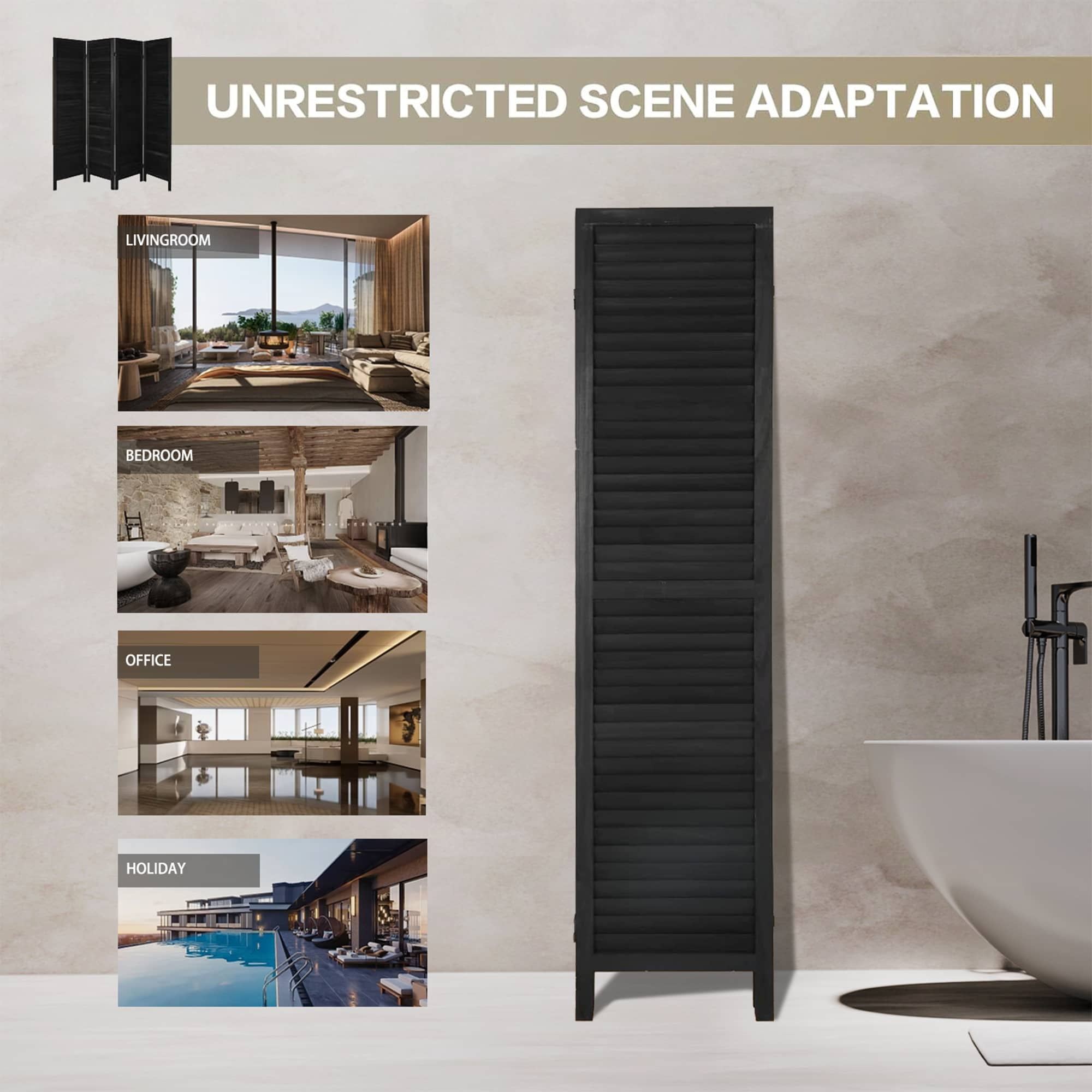 MAYEERTY 8 Panel Wood Room Divider, 5.6Ft Freestanding Louvered Divider Screen, Black