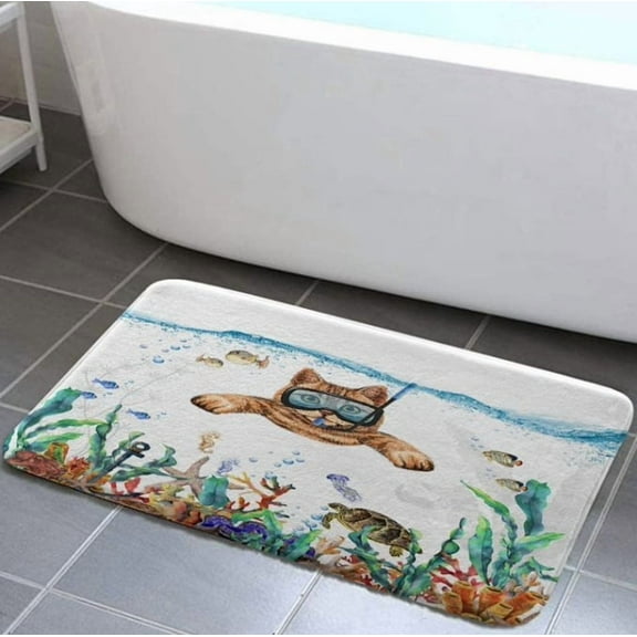 Funny Cat Bathroom Rug Mat, Cat Diving Bath Rugs, Tropical Fish Coral Underwater Sea Animal Non-Slip Bath Mats for Bathroom Floor, Tub and Shower, 17X48in