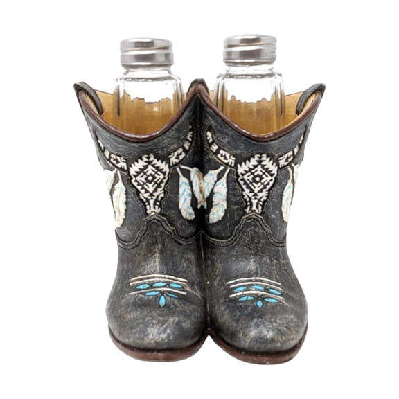 Cowboy Boots Salt and Pepper Shakers Set - Western Rustic Décor with Faux Leather Design, Decorative Resin Holder with Glass Shakers, Unique Cowboy Kitchen or Dining Table Accessory