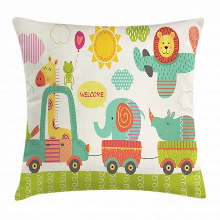 Kids Throw Pillow Cushion Cover, Train with Baby Jungle Animals Saying Welcome African Safari Theme Nursery Design, Decorative Square Accent Pillow Case, 24 X 24 Inches, Multicolor, by Ambesonne