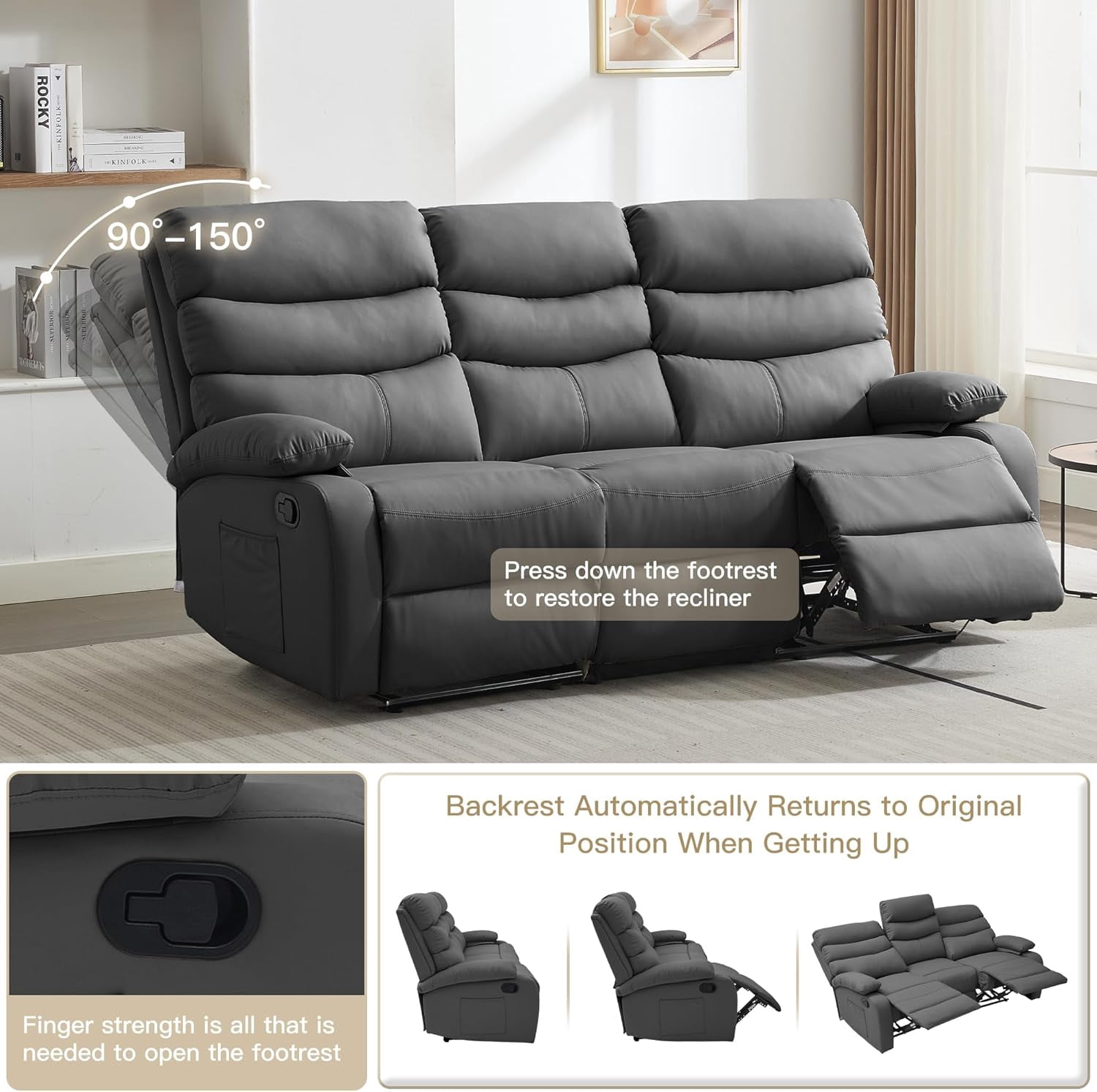 Chizzysit Loveseat Recliner Sofa Set, Small Leather Couch 3-Seater Manual Seater Recliner, Triple Recliner Chair for Living Room, RV, Home Theater Seating - Drak Gray