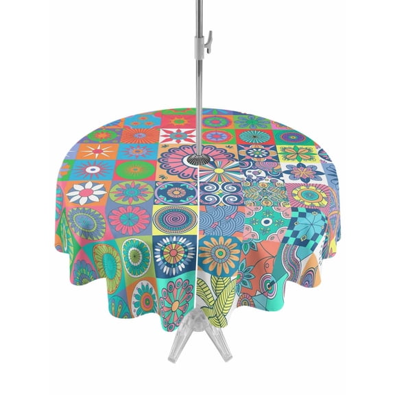 Outdoor Tablecloths with Umbrella Hole & Zipper, Colorful Ethnic Round Tablecloths 60 Inch, Modern Abstract National Geometric Teal Waterproof Table Cloth, Patio/Pool/Picnic Table Covers