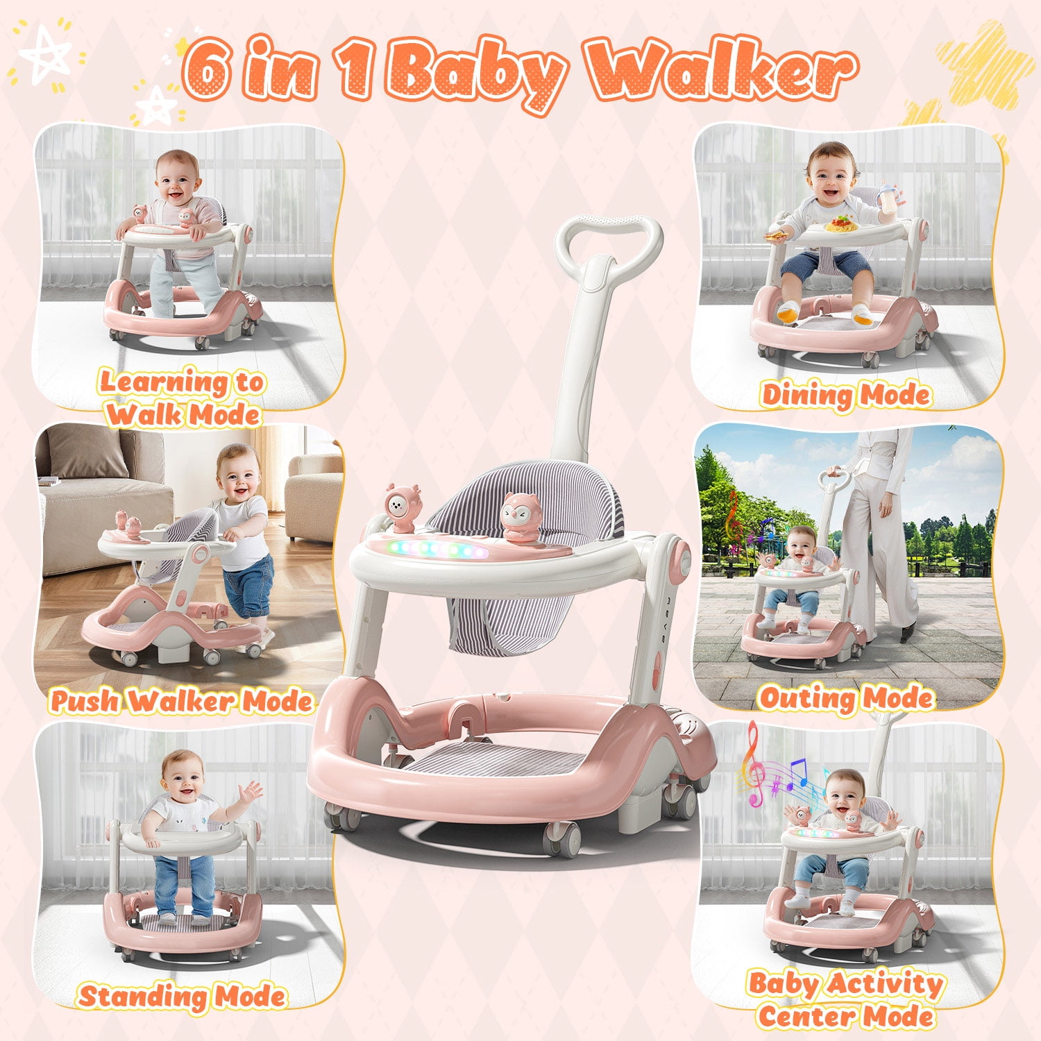 WonderStone 5 in 1 Baby Walker, Foldable Push Walker with Wheels, Music & Light, Baby Bouncer, Baby Activity Center for Boy Girl 6-12 Months (Pink)