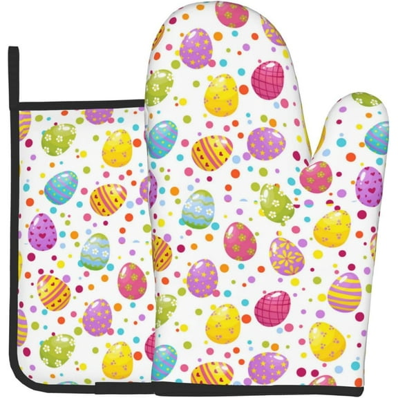 Happy Easter Day Oven Mitts and Pot Holders Sets Hot Pads Heat Resistant Gloves Oven Mitten for Baking Kitchen Bakeware Cooking BBQ
