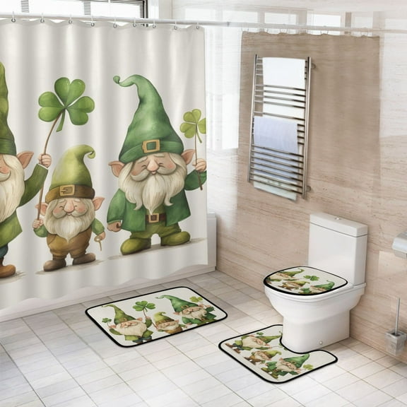 4 Pcs Gnomes with Clover Bathroom Shower Curtain Set with 12 Hooks Bath Mat Toilet Lid Cover
