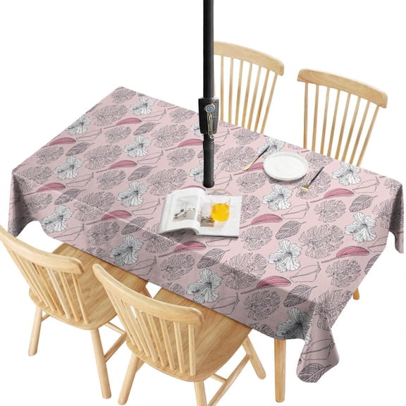 Outdoor Pink Tropical Tablecloth with Umbrella Hole and Zipper,Rectangle Waterproof Wrinkle Free Table Cloth Decorative Fabric Washable Table Cover for Patio, Party, Picnic 60 X 120 Inch