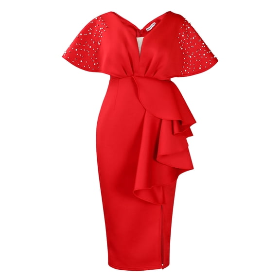 AURA Plus Size Summer V Neck Ruffle Evening Dress Elegant High Waist Beaded Banquet Party Gown XL XXXL