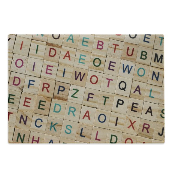 ABC Puzzle Cutting Board, Macro Real Image of Wooden Alphabet Squares Educational Layout for Learners, Decorative Tempered Glass Cutting and Serving Board, in 3 Sizes, by Ambesonne