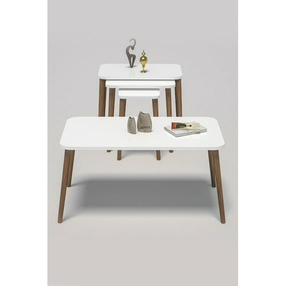 White Coffee Table Set with 4 PCS,Rectangular Set With 3 Modern Nesting Tables And Coffee Table with Wooden Legs,Stacking Side Tables, Set of 4 Small Accent Table End Table,Nesting Tables