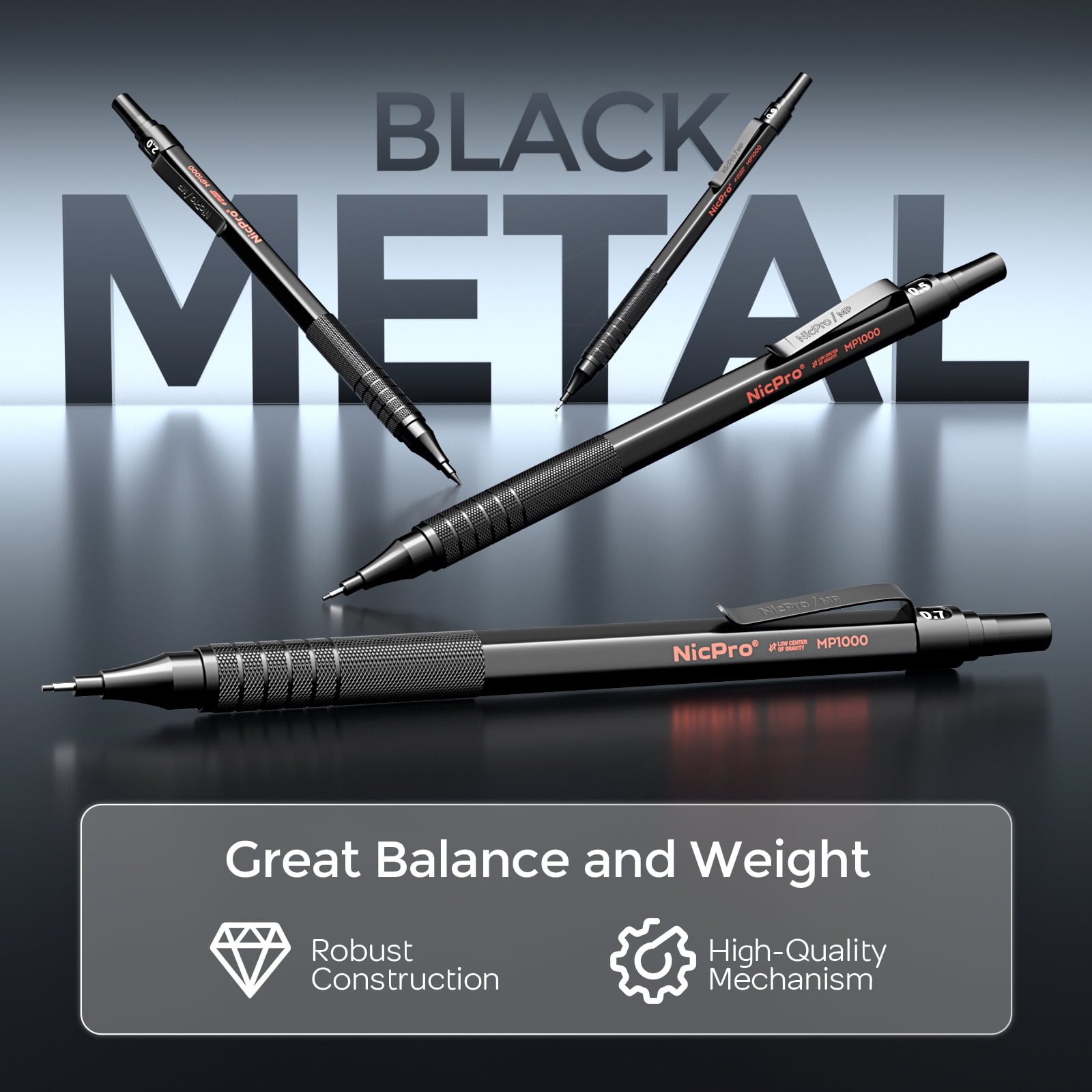 Nicpro 5 Pcs Black Metal Mechanical Pencils Set in Leather Case, Art Drafting Pencil 0.5, 0.7, 0.9 mm, 2mm Lead Pencil Holders with 16 Tube (6B 4B 2B HB 2H 4H Colors)Lead Refills