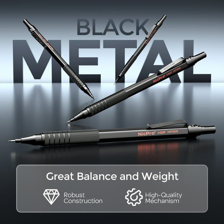 Nicpro 5 Pcs Black Metal Mechanical Pencils Set in Leather Case