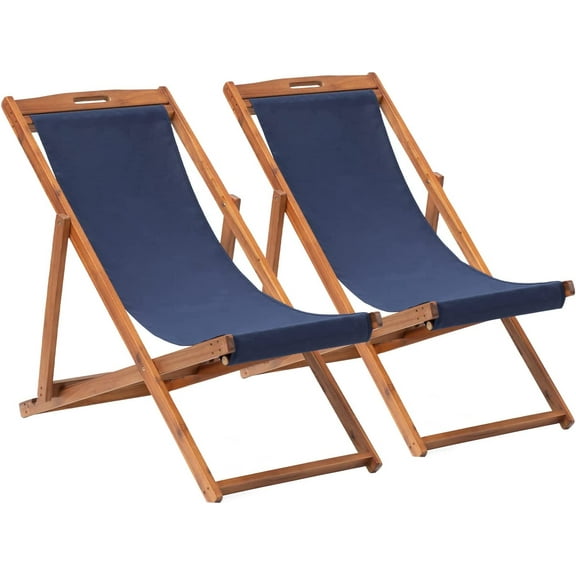 FDW 2 Set Outdoor Wooden Patio Lounge Chair Beach Sling Chair Set Height Portable Reclining Beach Chair Solid Wood Frame with White Polyester Canvas 3 Level,Blue