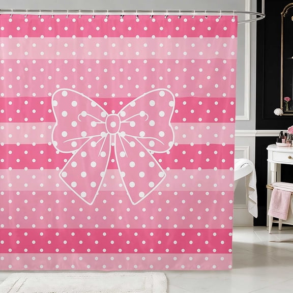 Erosebridal Pink Polka Dot Bow Shower Curtain 72Wx72L for Girls, Girly Retro Spotted Print Waterproof Bathroom Curtain