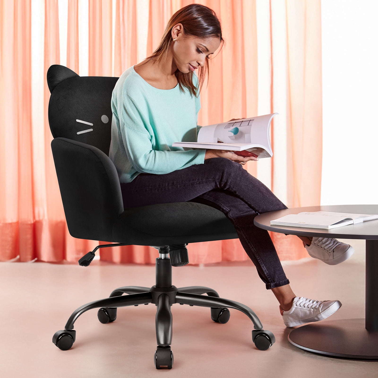 Ergonomic Office Chair for Women  Cute Pet Cat Themed, Velvet Upholstered, Wide Seat, Tufted Desk Chair for Bedroom Study