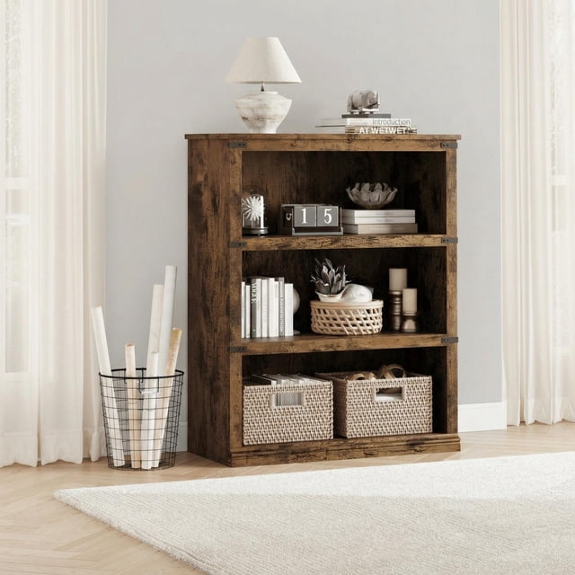 Estantería de 3 Niveles, Estante de Libros Estilo Farmhouse con Almacenamiento, Estantería Baja de Madera con 3 Repisas para Oficina en Casa, Sala de Estar, Dormitorio, Vintage