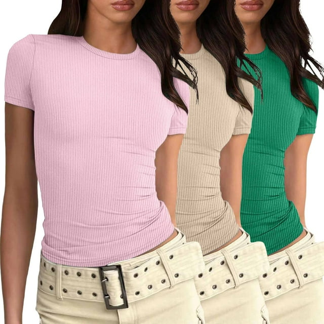 Hauts de Mode pour Femmes Ajustés à Manches Courtes T-Shirt Basique Coupe Ajustée Chandails