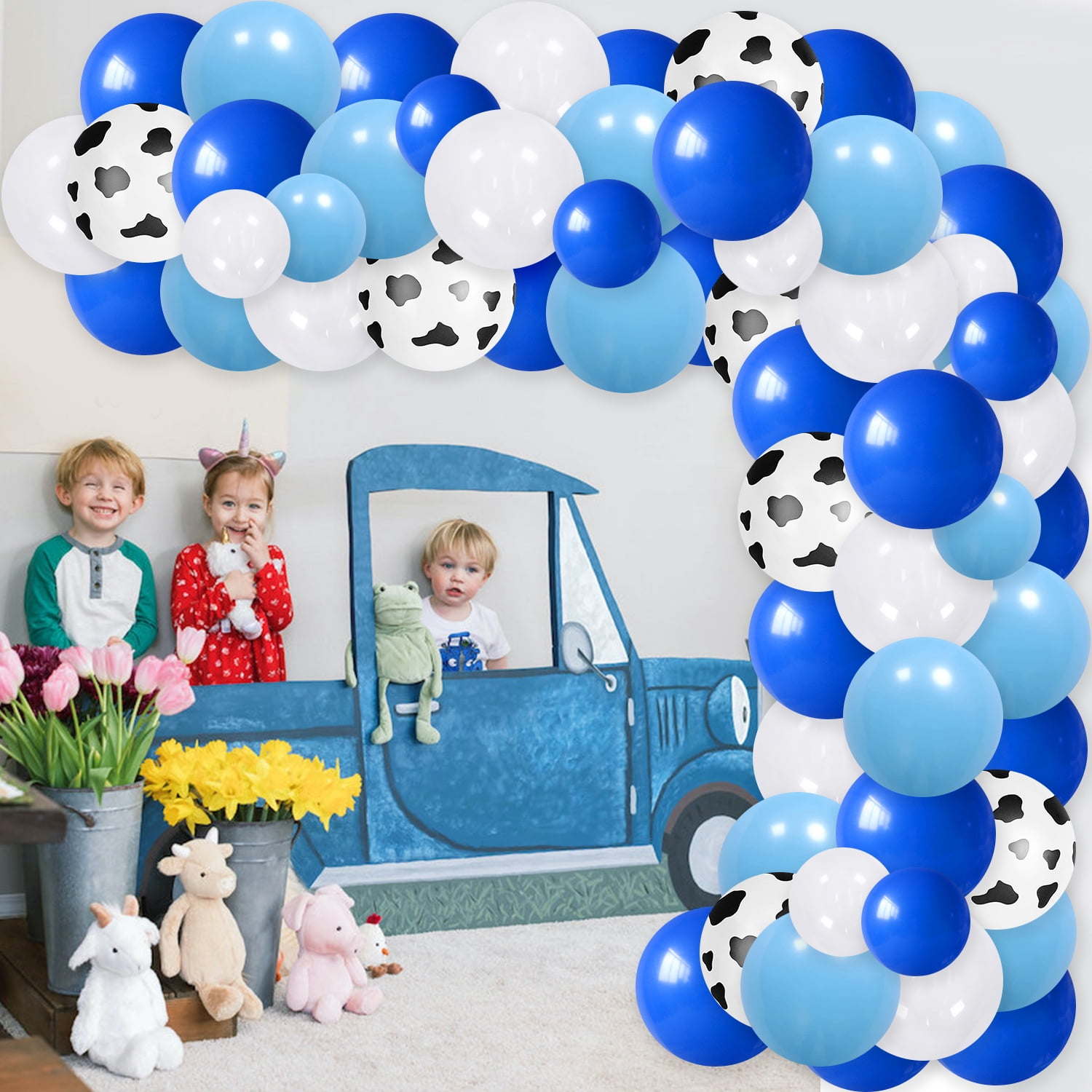 89Pcs Little Blue Truck Farm Birthday Party Decoration, Animal Theme Blue White Latex Balloon Arch Kit with Beep Beep Beep Foil Balloon Banner and Farm Animals Foil Balloon for 1st 2nd 3rd Birthday