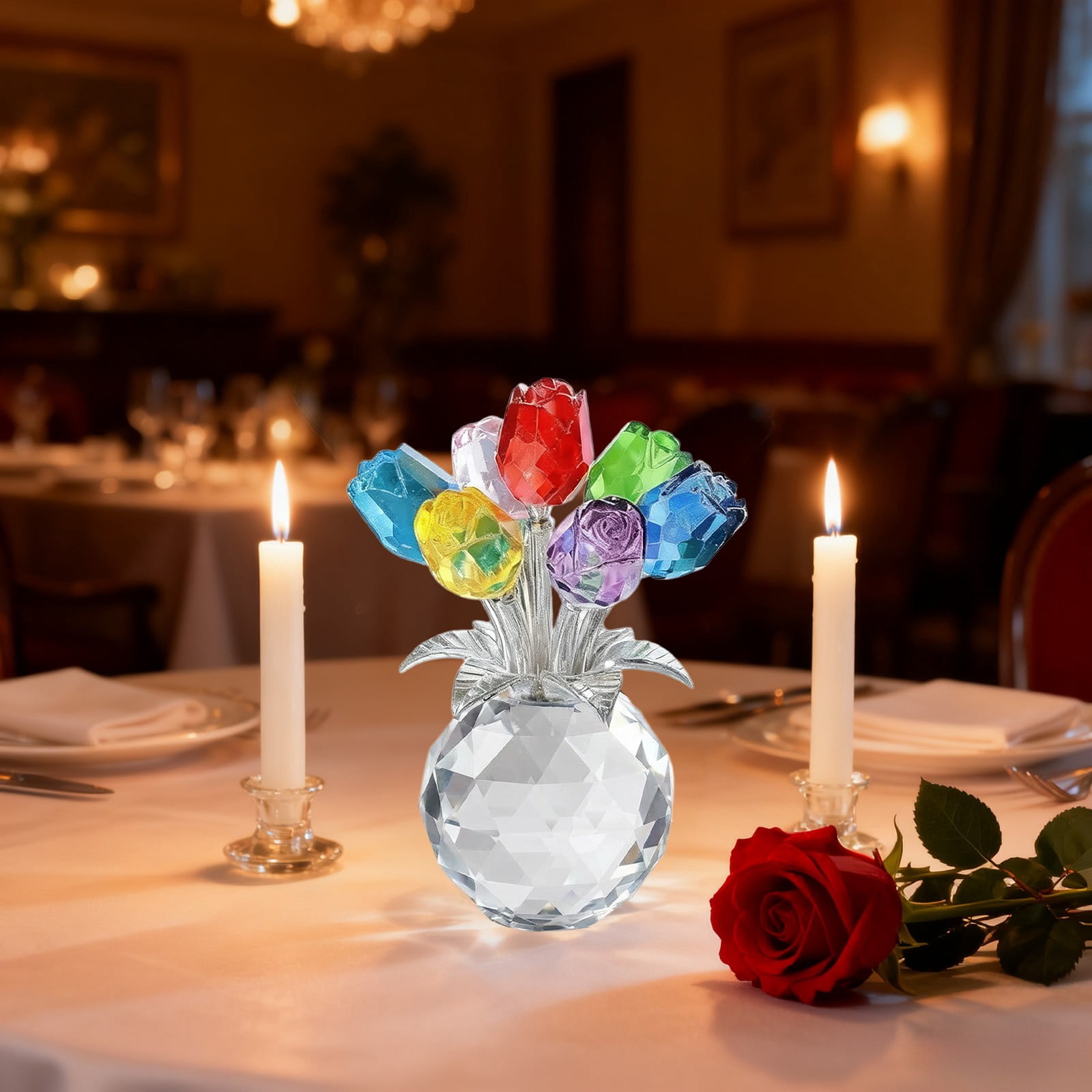 Colorful Multicolor Crystal Rose Bouquet Under Glass For Romantic Ambiance Ideal Gift For Lover And Decoration For Celebration