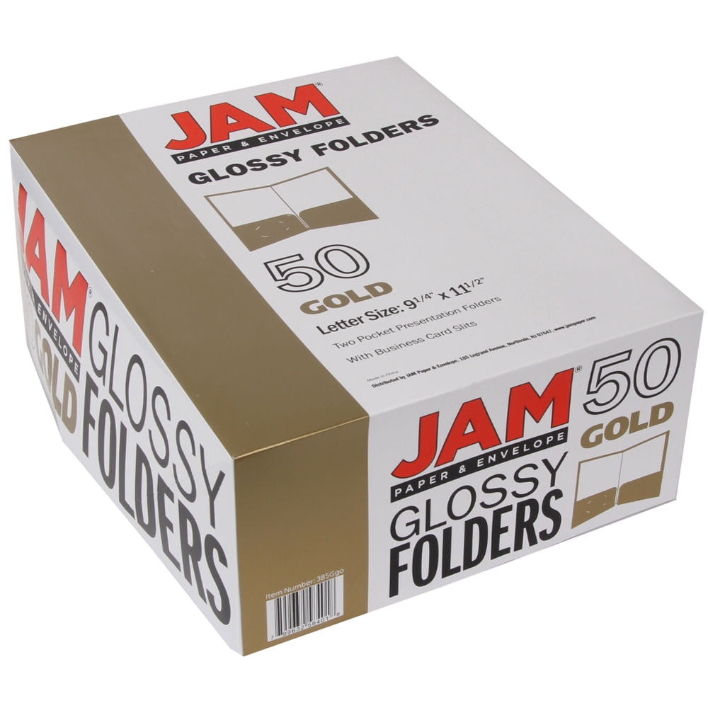 JAM Paper Laminated Two Pocket Glossy Folders, Gold, Bulk 50/Box
