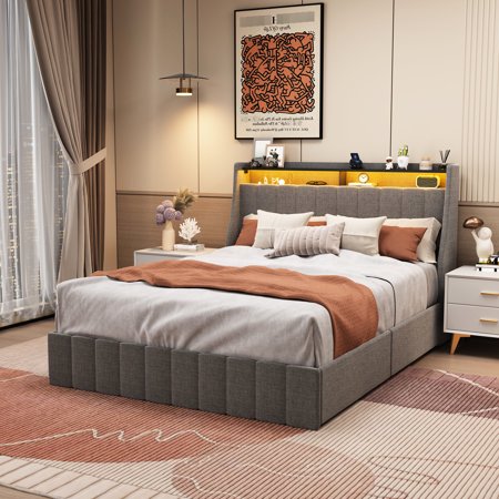 Queen Size Bed, Led Illumination, 4 Under Drawers, Grey Fabric Bed With Wings Headboard, Lights, Storage Bins,