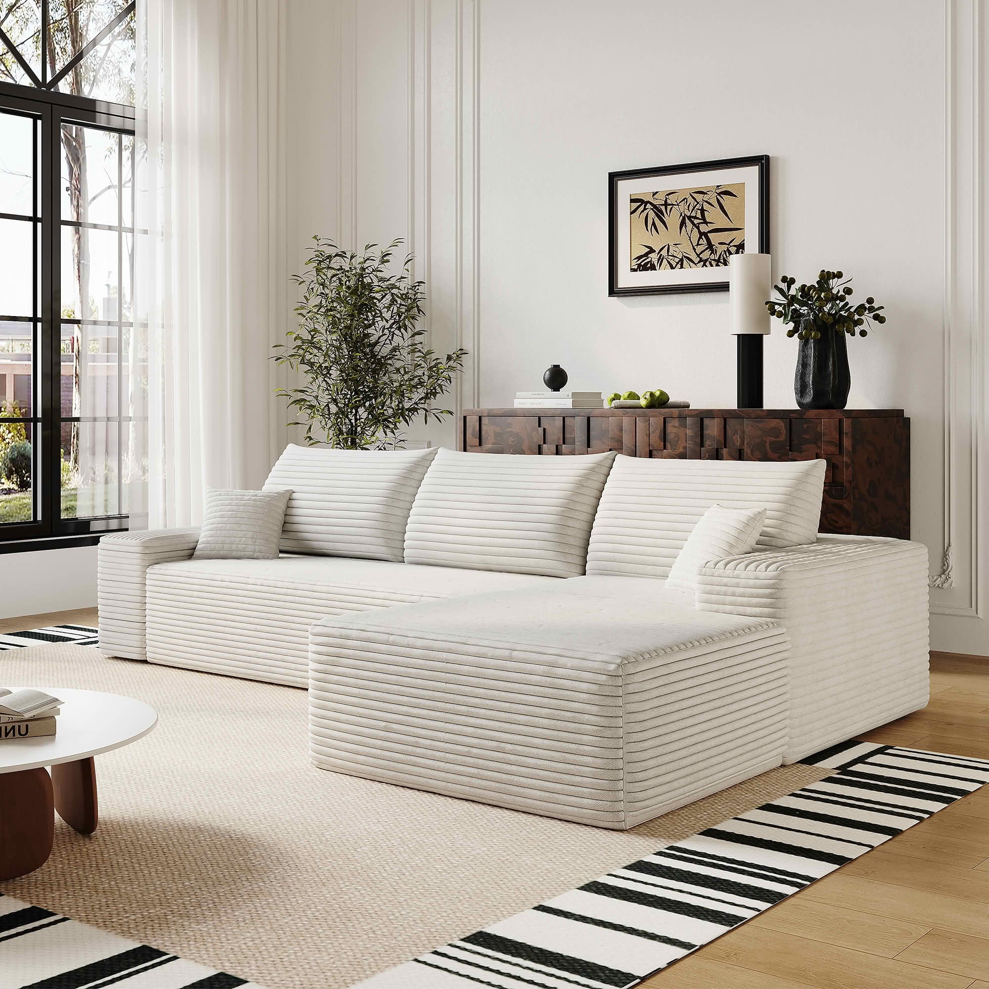 MAYEERTY 107" Cloud L-Shaped Modular Sectional Sofa with Chaise, Plush Corduroy Deep Seat 3-Seater Couch, Sofa for Living Room Bedroom, No Assembly Required, White
