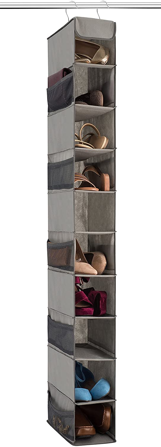 ZOBER 10-Shelf Hanging Shoe Organizer Breathable Polypropylene 10 Mesh Pockets for Accessories 2 Pack, Black 5 ½” x 10 ½” x 54” Shoe Holder for Closet