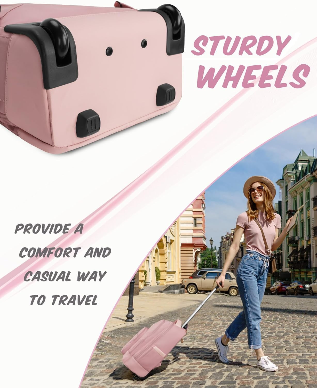 Matein Rolling Travel Backpack for Women, 17 inch Waterproof Carry on Luggage Bag with Wheels , Pink