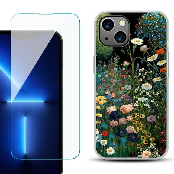 Slim-Fit TPU Phone Case for iPhone 14 Plus, with Tempered Glass Screen Protector, by OneToughShield ® - Flowery Garden