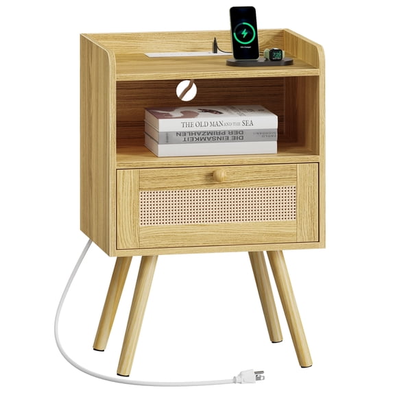 Amadwell Rattan Nightstands Set of 2, Bedside Tables with Charging Station, Storage Drawers & Solid Wood Feet for Bedroom